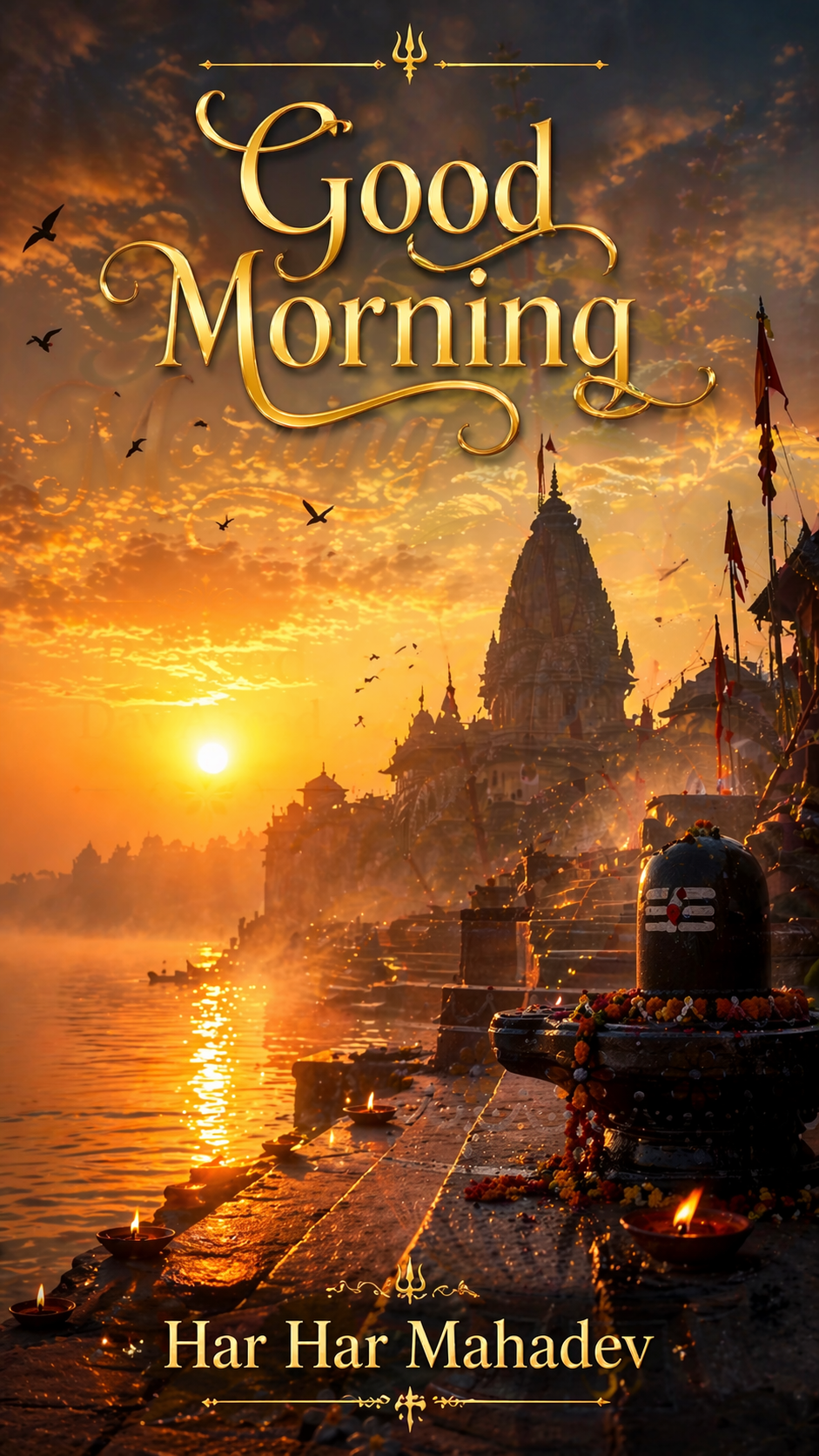 Good morning image sunrise temple ghat steps river morning fog Har Har Mahadev